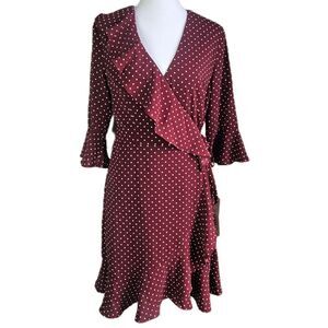 Adrianna Papell Wrap Dress Women’s 8 Burgundy Polka Dot Ruffle Romantic Brunch